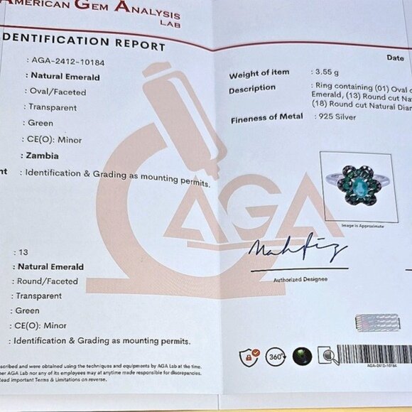 925 Sterling Silver Ring Sz 7 with Natural Emerald & 18 Natural Diamonds. - Picture 14 of 15